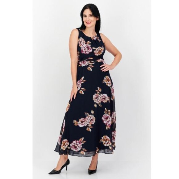NY Collection Women's Petite Floral Printed Maxi Dress Navy Combo Size PM NWT - Picture 1 of 6